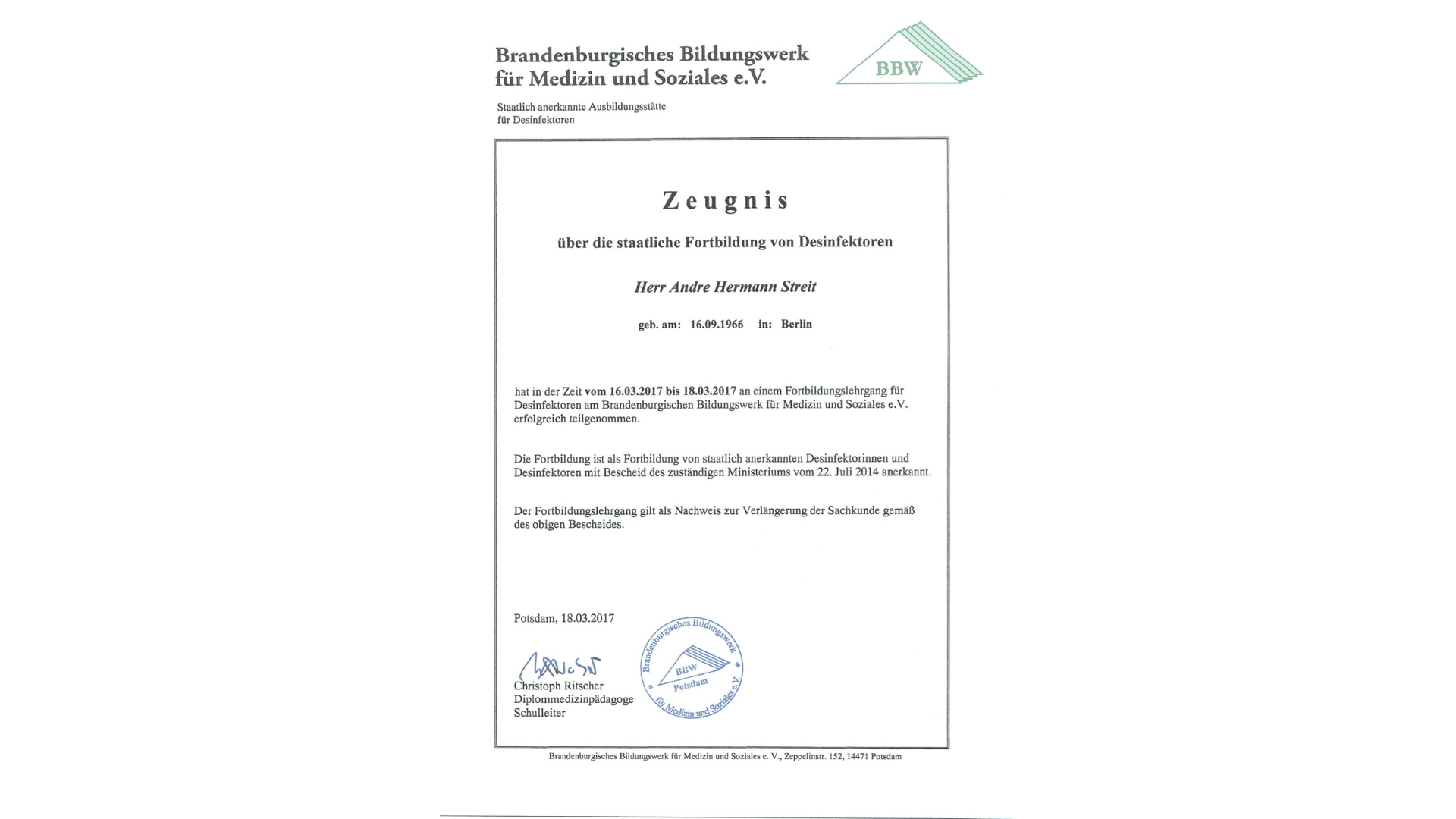 Desinfektor Zertifikat